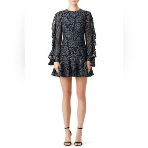 Keepsake Navy Blue Floral Print‎ Engage Lace Long Sleeve Ruffle Mini Dress XS